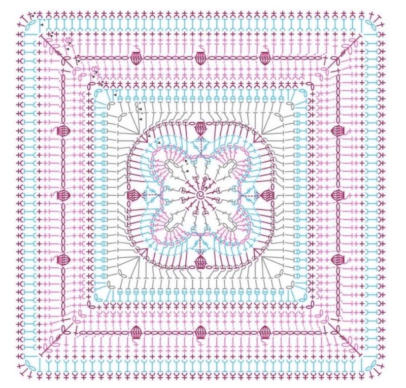 Flat rose crochet granny square with bobbles diagram