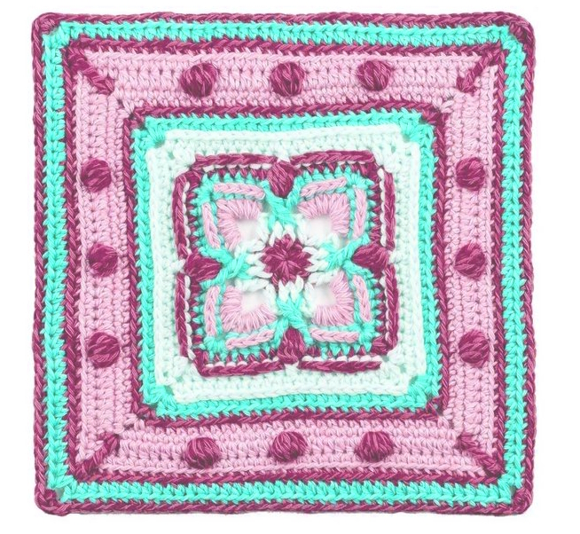 Flat rose crochet granny square with bobbles